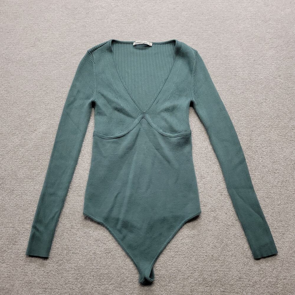 Abercrombie & Fitch Womens S Green Ribbed Knit Bodysuit Deep V Neck Y2K